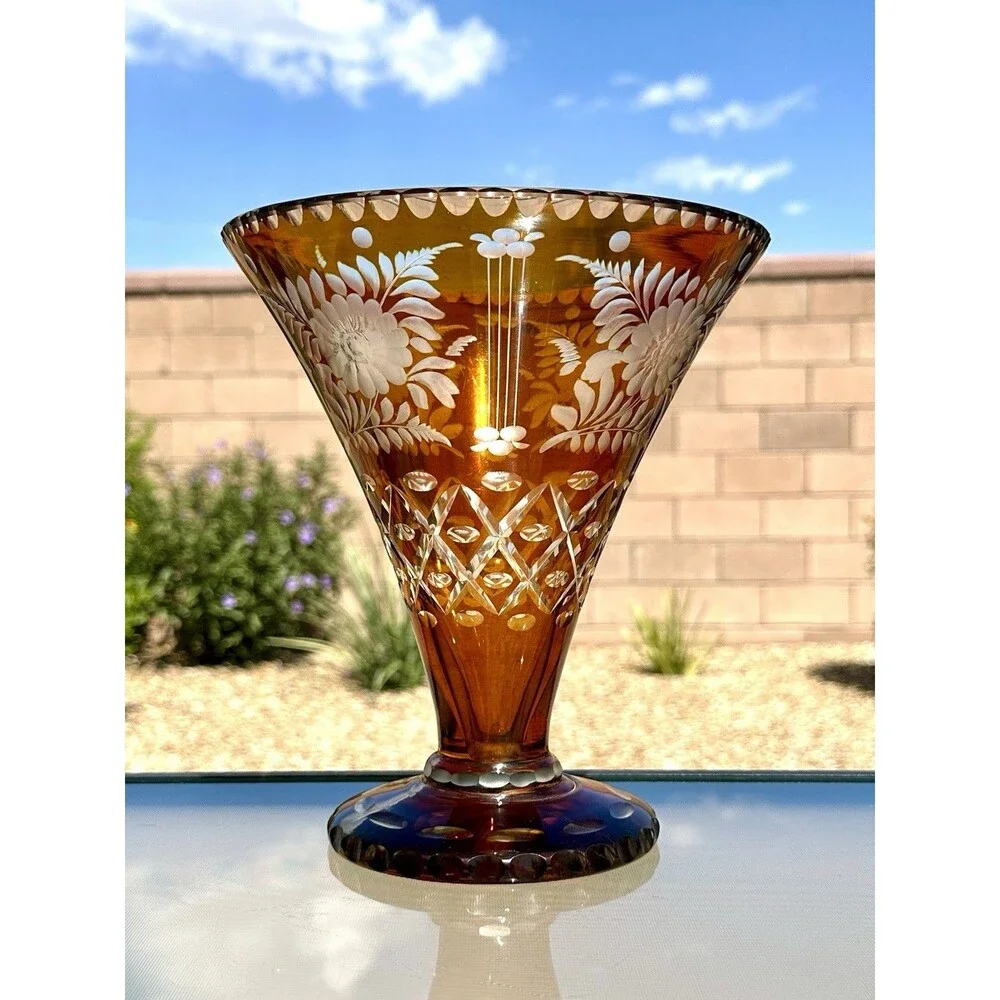 Vintage Bohemian Amber Flash Cut to Clear Glass Vase " Floral Engraved Czech - Picture 7 of 16
